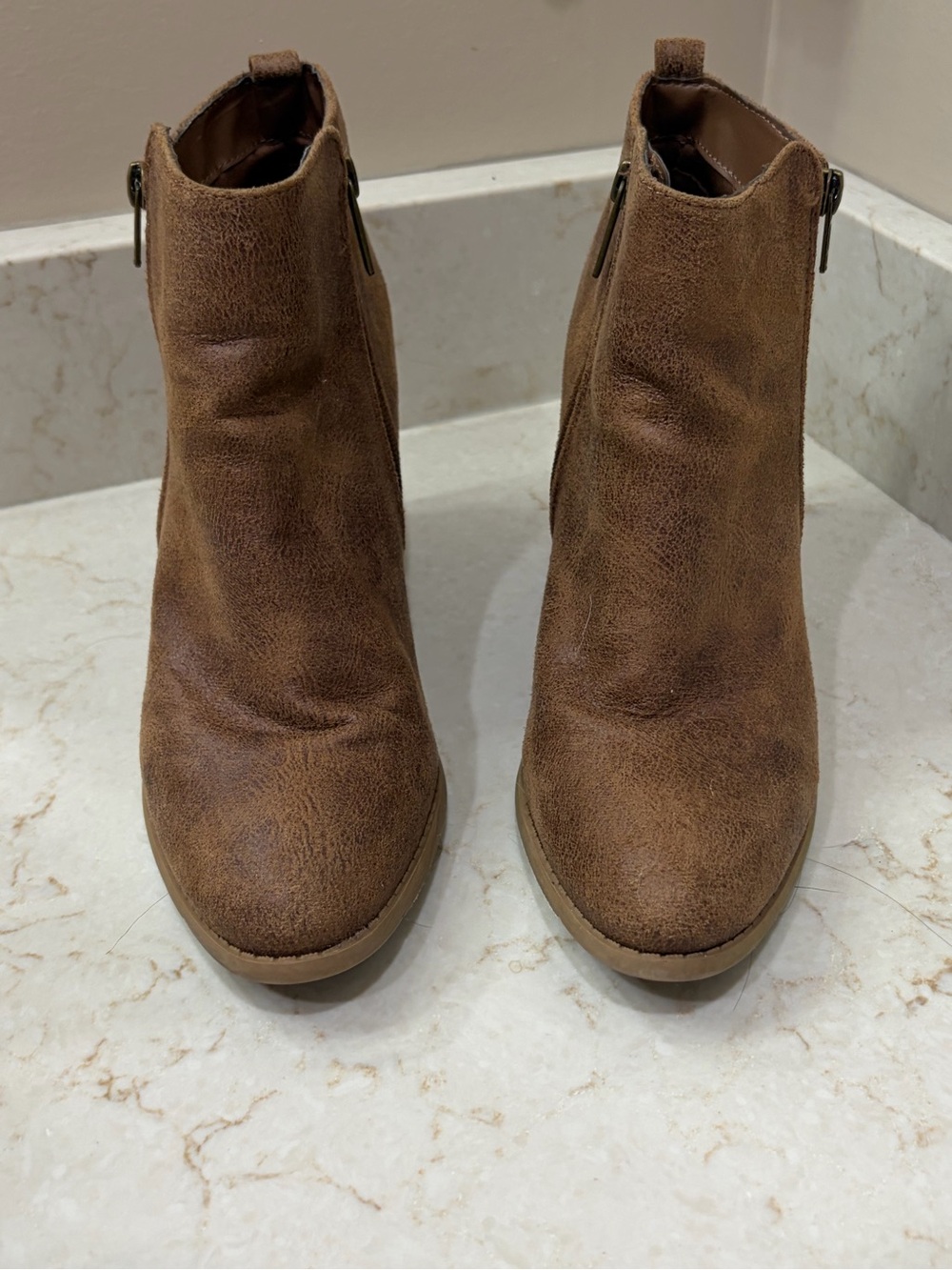 Women's Tan Faux-Suede Ankle Booties with Side Zip